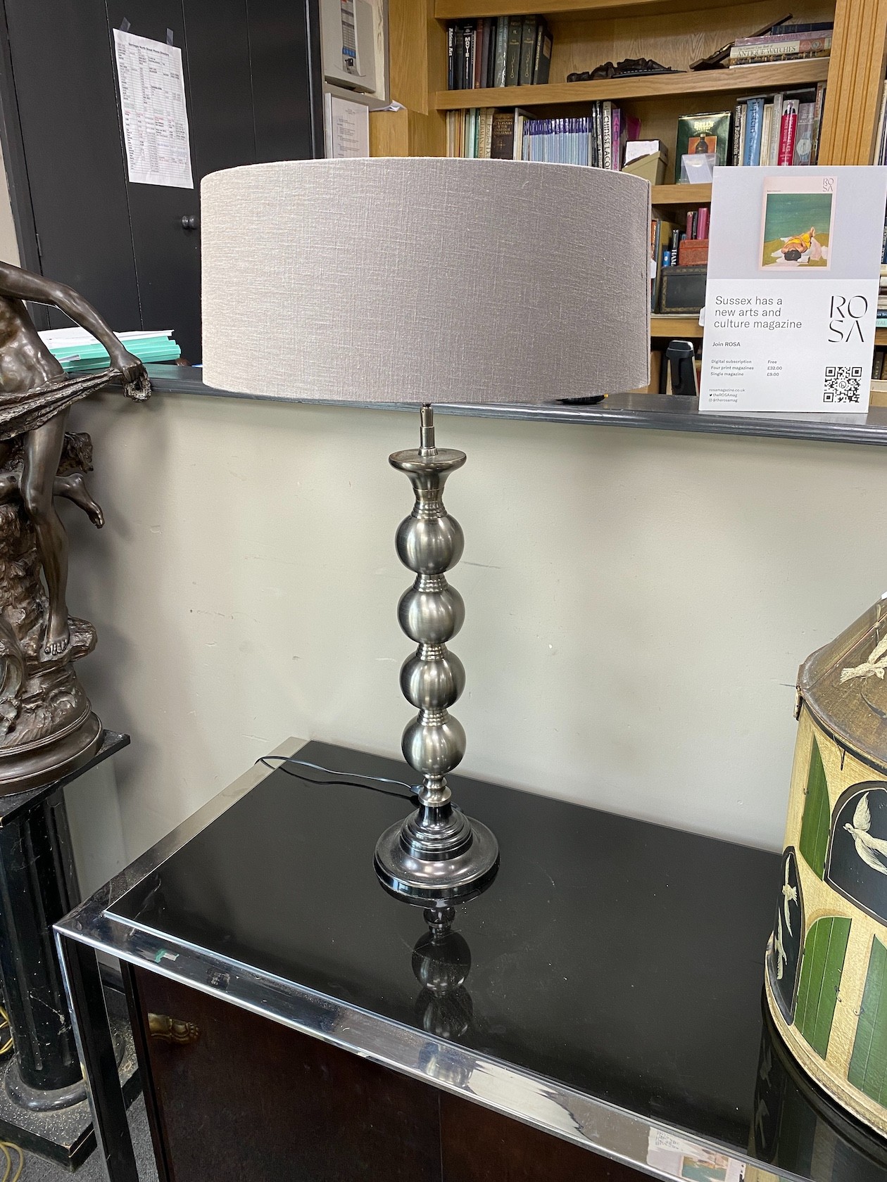 A pair of modern pillar glass table lamps and a pair of pewter effect table lamps, larger height 86cm